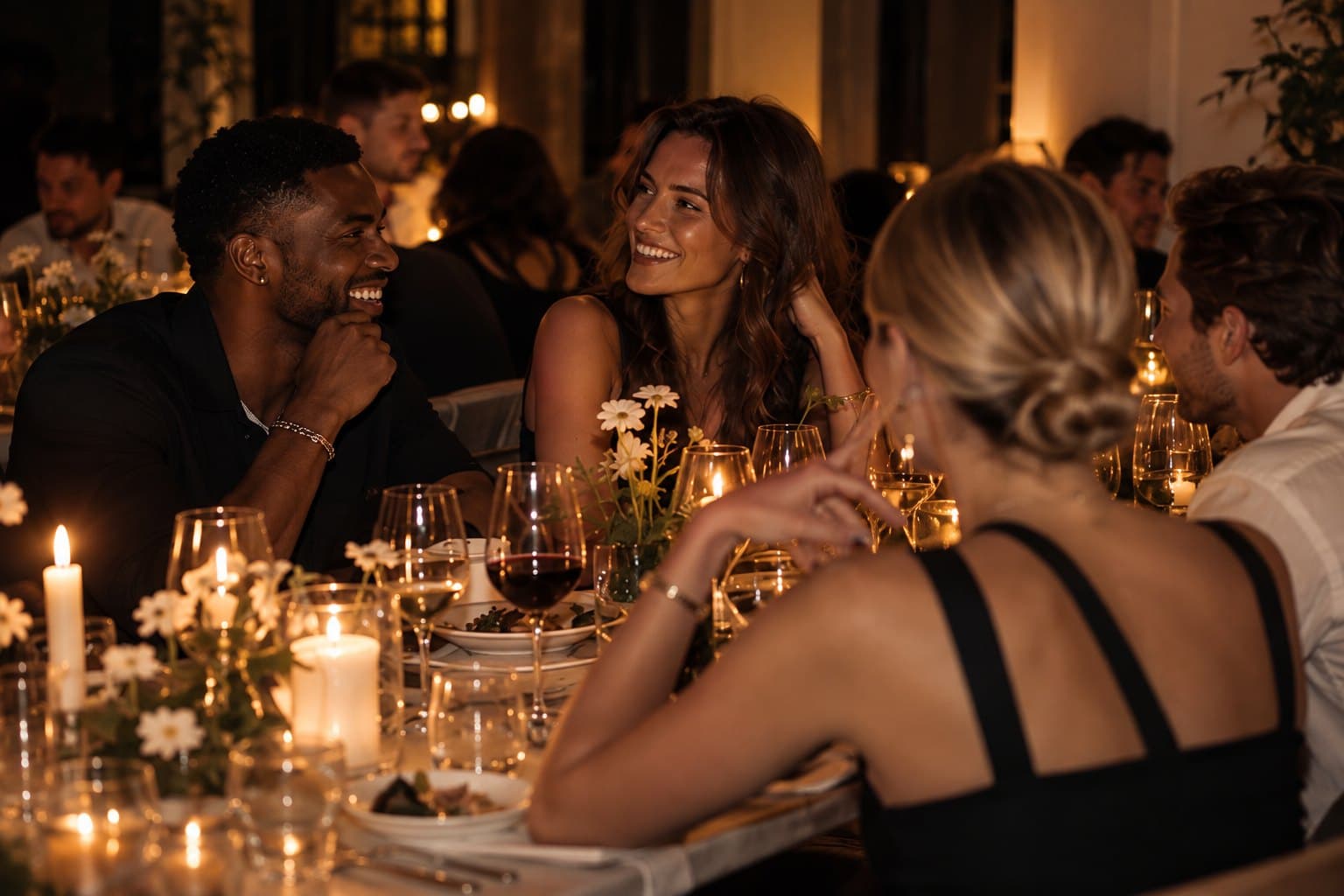 Guests laughing together across a candlelit table with wildflowers